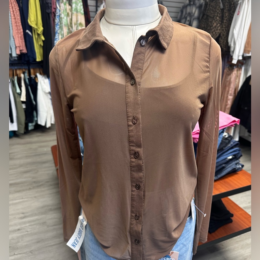 Sheer Brown Button-Up Women's Top
